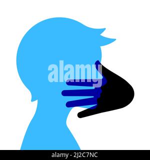 Concept of domestic violence - silhouette of a boy's head and hand in stop gesture. Vector illustration on a white background. Stock Vector