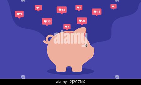 Popularity. Pig piggy bank and likes in social networks. Recognition, appreciation, fame, monetization of popularity, the concept of influence in the Stock Vector