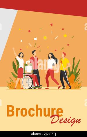 Disabled people help and diversity. Handicapped people with cane and in wheelchair meeting with friends or volunteers. Vector illustration for disabil Stock Vector