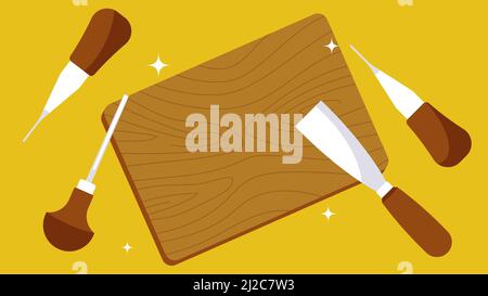 Wood carving set. Wood carving tools. Hobbies, hobby, carpentry, crafts. Stock Vector