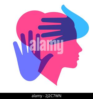 Concept of domestic violence - silhouette of a woman's head and hands in stop gesture. Vector illustration on a white background. Stock Vector
