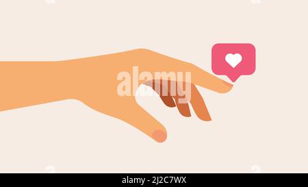 Addiction to social networks and blogs. Hand with Like icon vector. Concept of virtual dating, love on social networks, relationships at a distance. V Stock Vector