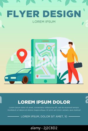 Customer using online app for taxi order or car rent. Man searching cab on city map. Vector illustration for car sharing service, city transportation, Stock Vector