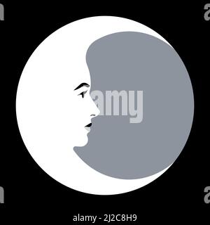 Moon face inside round shape. Abstract moon crescent with a beautiful woman's face. Astrological symbol in art deco style. Contemporary art print. Abs Stock Vector