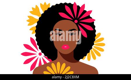 Beautiful black woman with flower in hair. Brunette, short afro hair. Female portrait, head, shoulders, abstract floral shapes. Modern vector avatar, Stock Vector