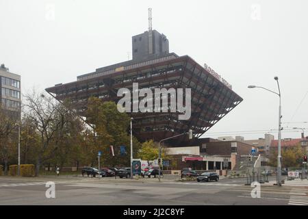 Slovak Radio Building (Slovenský rozhlas) designed by Slovak modernist architects Štefan Svetko, Štefan Ďurkovič and Barnabáš Kissling (1967-1983) in Bratislava, Slovakia. Stock Photo