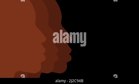 Silhouettes of the faces of black people. African woman and man face silhouettes. Background with copy space. Stock Vector