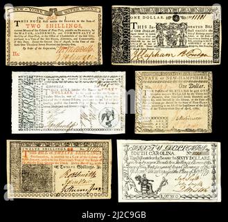 United States colonial currency from New Hampshire (1780), South Carolina (1779), Georgia (1787), Maryland (1770), New Jersey (1776), and New York (1775) Stock Photo