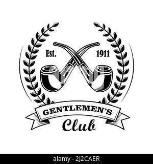 Gentleman club symbol vector illustration. Crossed pipes, laurel wreath, text. Tobacco shop concept for labels or badges templates Stock Vector