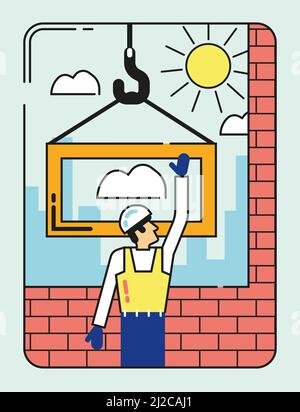 Construction worker, window frame, bricks, crane, minimalist concept illustration Stock Vector