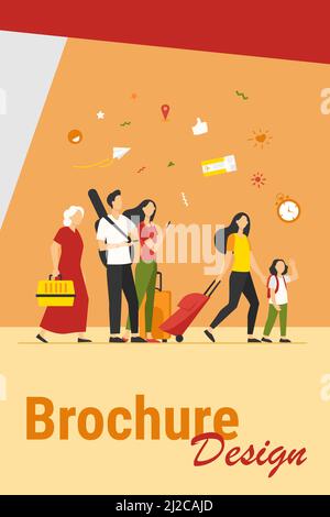 Group of tourists with suitcases and bags standing in airport. Families, elderly couples travelling with luggage. Vector illustration for trip, journe Stock Vector