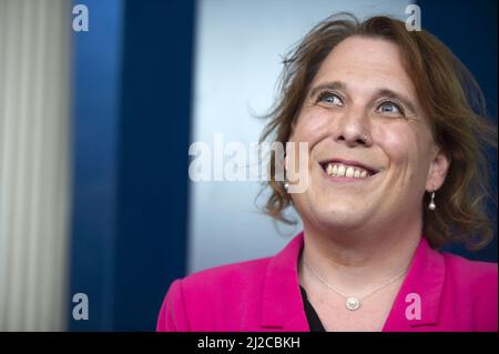 Washington, United States. 31st Mar, 2022. 'Jeopardy' champion Amy Schneider, known for her 40-game winning streak, visits the White House on Transgender Day of Visibility in Washington, DC on Thursday, March 31, 2022. Photo by Bonnie Cash/UPI. Credit: UPI/Alamy Live News Stock Photo