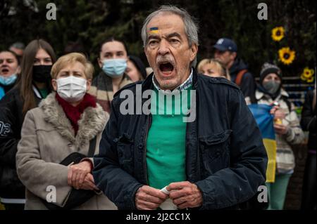 Madrid, Spain. 31st Mar, 2022. A man with a Ukrainian flag painted in his head is seen shouting slogans against President Vladimir Putin during a protest in front of the Russian embassy of Madrid. Members of the Ukrainian community have gathered to protest against the Russian invasion of Ukraine with candles, sunflowers and placing a small coffin as a symbol to show the deaths of young kids during the war. Credit: Marcos del Mazo/17�Թ����� Live News Stock Photo