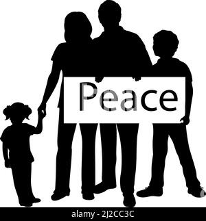 Silhouette family holds placard Peace. Stock Vector
