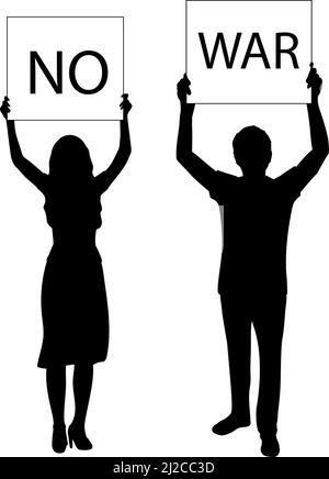 Silhouettes men and woman holds placard NO WAR. Stock Vector