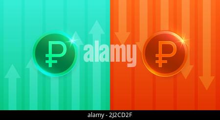 Cost russian ruble up and down sign with arrow. Vector illustration Stock Vector