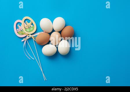 Easter theme template with chicken eggs and decorations Stock Photo