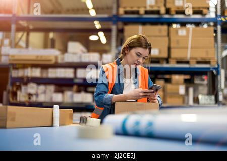Female warehouse worker using mobile phone Stock Photo