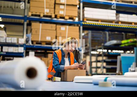 Female warehouse worker using mobile phone Stock Photo