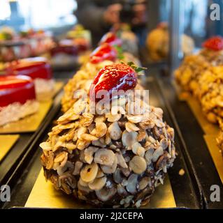 Chocolate Mixed Fruit Strawberry Fancy Cake Stock Photo