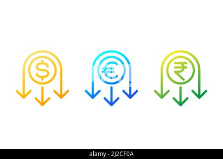 reduce costs line icon with dollar, euro and rupee Stock Vector