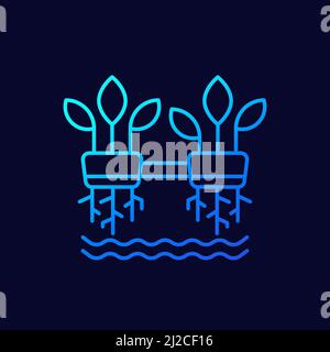 Hydroponics line vector icon with plants Stock Vector