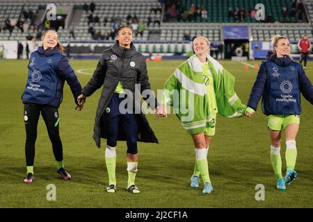 Wolfsburg, Germany. 31st Mar, 2022. Lotta Cordes ( 31 Wolfsburg ), Sveindis Jonsdottir ( 32 Wolfsburg ), Rebecka Blomqvist ( 21 Wolfsburg ) and Sandra Starke ( 16 Wolfsburg ) during the UEFA Women's Champions League game between VfL Wolfsburg and FC Arsenal at Volkswagen Arena in Wolfsburg, GERMANY. UWCL Julia Kneissl/SPP Credit: SPP Sport Press Photo. /Alamy Live News Stock Photo