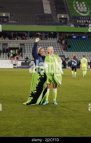 Wolfsburg, Germany. 31st Mar, 2022. Sandra Starke ( 16 Wolfsburg ) and Rebecka Blomqvist ( 21 Wolfsburg ) during the UEFA Women's Champions League game between VfL Wolfsburg and FC Arsenal at Volkswagen Arena in Wolfsburg, GERMANY. UWCL Julia Kneissl/SPP Credit: SPP Sport Press Photo. /Alamy Live News Stock Photo