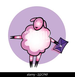 Pink toy sheep with an envelope in his hands. Sheep message.  Stock Vector