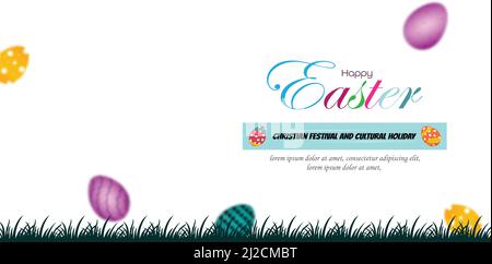 Happy Easter. Multicolor painted holiday eggs on the grass. Greeting card, invitation design. Stock Vector