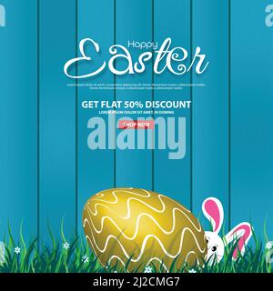 Easter Sales Banner 50% Discount Template Beautiful rabbit peeking out from behind eggs on a wooden background. Vector illustration. Stock Vector