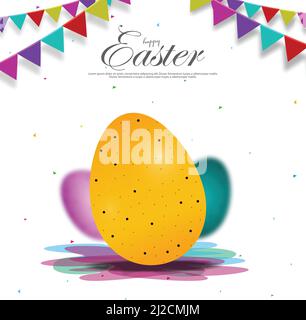 Colorful Easter Egg Greeting Card with Holiday Party Flag. Happy Easter. Stock Vector