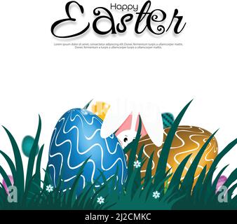 Easter greetings, funny rabbit peeks from behind the egg. Holiday background. Stock Vector