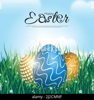 Easter eggs decorated on the grass against the backdrop of the sky with sunlight. Stock Vector