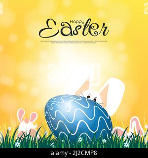 Easter theme with cute rabbits playing in the grass and flowers on a natural background with sunlight. Vector illustration. Stock Vector