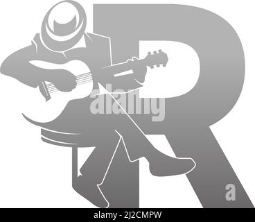 Silhouette of person playing guitar beside letter R illustration vector Stock Vector