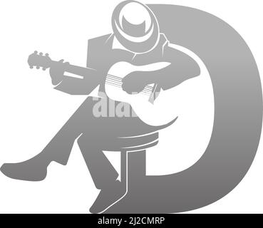 Silhouette of person playing guitar beside letter D illustration vector Stock Vector