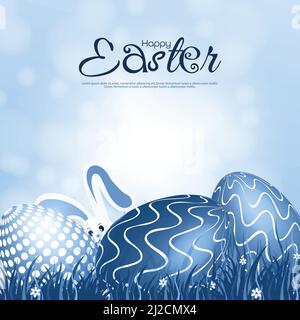 Easter theme with a rabbit peeking out from behind colorful eggs in grass and flowers, Easter greetings on a natural background with sunlight, Vector Stock Vector