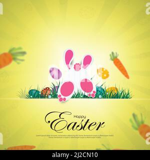Funny rabbit jumps in the middle of the green grass where there are beautiful flowers and colorful Easter eggs. light rays background. Stock Vector