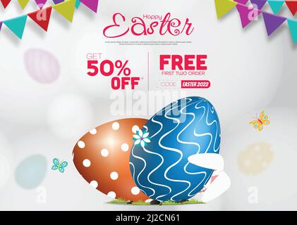 50% off Easter sale poster or banner template with beautiful colorful holiday party flag and eggs. Stock Vector