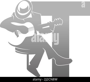 Silhouette of person playing guitar beside letter T illustration vector Stock Vector