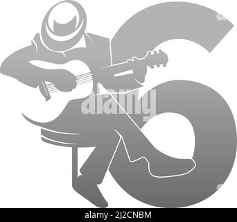 Silhouette of person playing guitar beside number 6 illustration vector Stock Vector