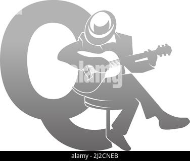 Silhouette of person playing guitar beside letter Q illustration vector Stock Vector