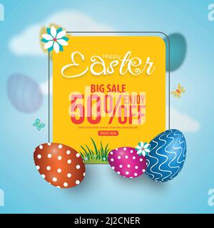 50% off Easter sale poster or banner template with beautiful colorful Easter eggs. Greeting card for Easter, promotion and shopping template. Stock Vector