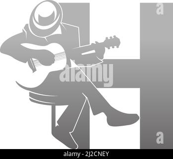 Silhouette of person playing guitar beside letter H illustration vector Stock Vector