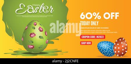 60% off Discount Easter sale poster or banner template with Colorful Painted Easter Eggs. Stock Vector