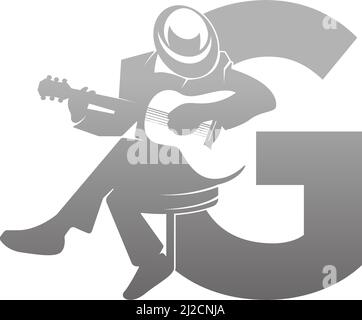 Silhouette of person playing guitar beside letter G illustration vector Stock Vector