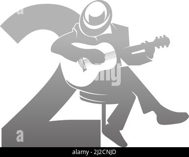 Silhouette of person playing guitar beside number 2 illustration vector Stock Vector
