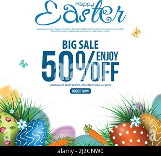 50% discount on Easter sale poster or banner template with colorful decoration of Easter eggs and carrots and butterflies. Easter greeting card, promo Stock Vector