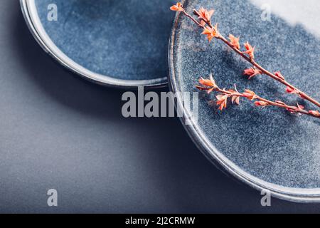 Handmade ceramic plates decorated with spring branches. Close up of blue vintage dishes on grey background. Space Stock Photo